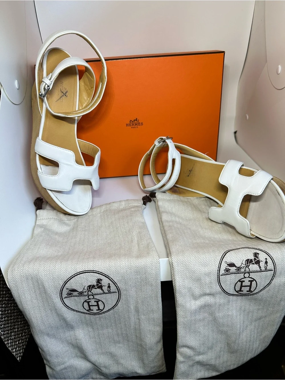 Hermes White Leather Platform Sandals